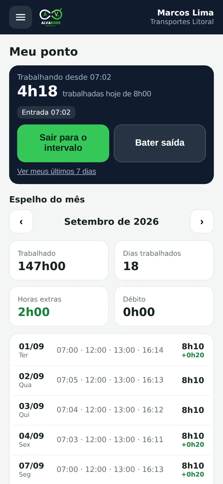 App do motorista: ponto com selfie e espelho do mês